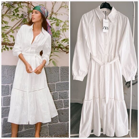 Zara Dresses & Skirts - Zara Embroidered Cotton Belted Midi Dress